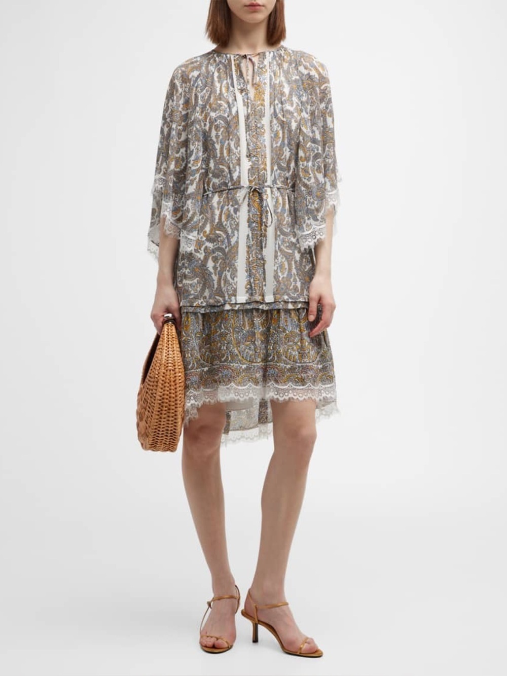 Kobi Halperin Pierre Paisley Print Lace Trim Midi Dress Boho